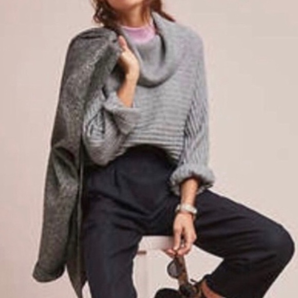 ANTHROPOLOGIE Moth Grey Ribbed Cowl Neck Sweater with Side Slits Size XS - Picture 2 of 4